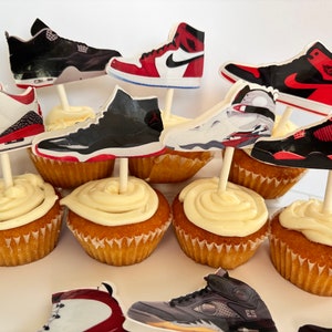 SNEAKERS CUPCAKE TOPPERS jumpman party favors, basketball party decor, basketball theme party goods, red-black sneakers. J's cupcake topper image 7