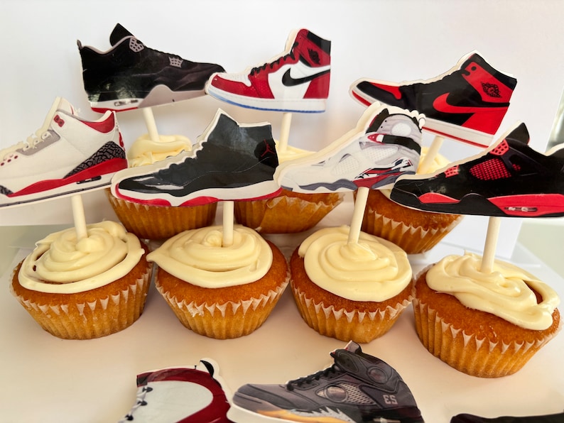 SNEAKERS CUPCAKE TOPPERS jumpman party favors, basketball party decor, basketball theme party goods, red-black sneakers. J's cupcake topper image 7