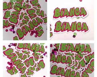 90's hip hop  customized confetti table toss pieces, gift bag decor, table scape decor, pink and green fresh font name tags
