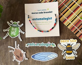Entomologist Gift Set - Morse Code Bracelet & Sticker Bundle / Science-Themed Gift for Grad Students, Researchers