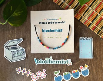 Biochemist Gift Set - Morse Code Bracelet & Sticker Bundle / Science-Themed Gift for Grad Students, Researchers
