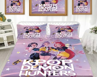 Juego de sábanas K-Pop Demon Hunters de 3 piezas, sábana ajustable con estampado de anime, ropa de cama suave sin núcleo