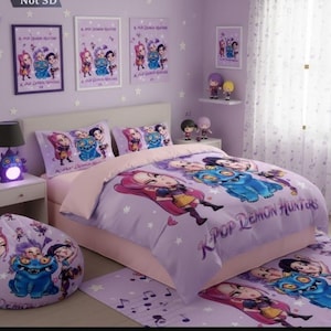 May include: A themed bedroom set featuring K-Pop Demon Hunters. The set includes a duvet cover, pillowcases, a rug, and a beanbag chair, all decorated with cartoon characters in purple, pink, and blue. Framed posters and figurines add to the room's theme.