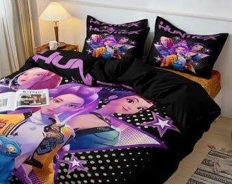 Juego de cama del anime Kpop Demon Hunters: funda de edredón y fundas de almohada coloridas para niños y adultos