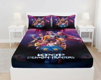 Juego de sábanas ajustables del anime K-Pop Demon Hunters, sábana suave con fundas de almohada