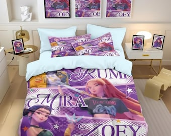 Juego de cama del anime Kpop Demon Hunters: funda de edredón y fundas de almohada coloridas para niños y adultos