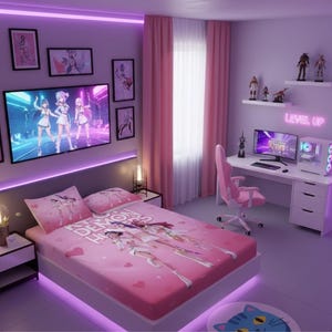 May include: A bedroom decorated in pink and purple, with an anime theme. The room includes a bed with pink bedding, a desk with a computer, and framed artwork. Neon lights provide illumination throughout the room.