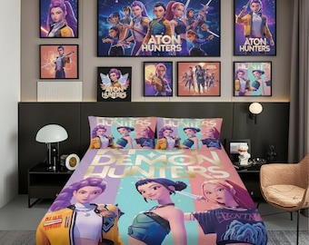 Juego de sábanas ajustables con 2 fundas de almohada de Demon Hunters de Anime K-Pop