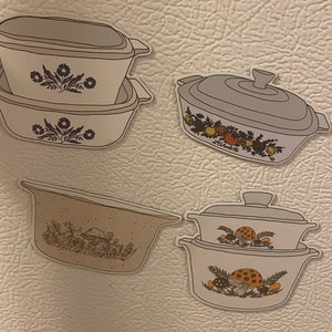 Vintage Pyrex Casserole Dish Cookware Refrigerator Magnets by Steampunk Babygirl / Cornflower, Merry Mushroom, Spice of Life, Forest Fancies