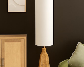 Natural Rattan Floor Lamp – Coastal Boho Linen Shade, Scandinavian Style