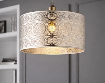 モロッコ風シルバードラムペンダントライトシェード | Boho ホームデコレーション