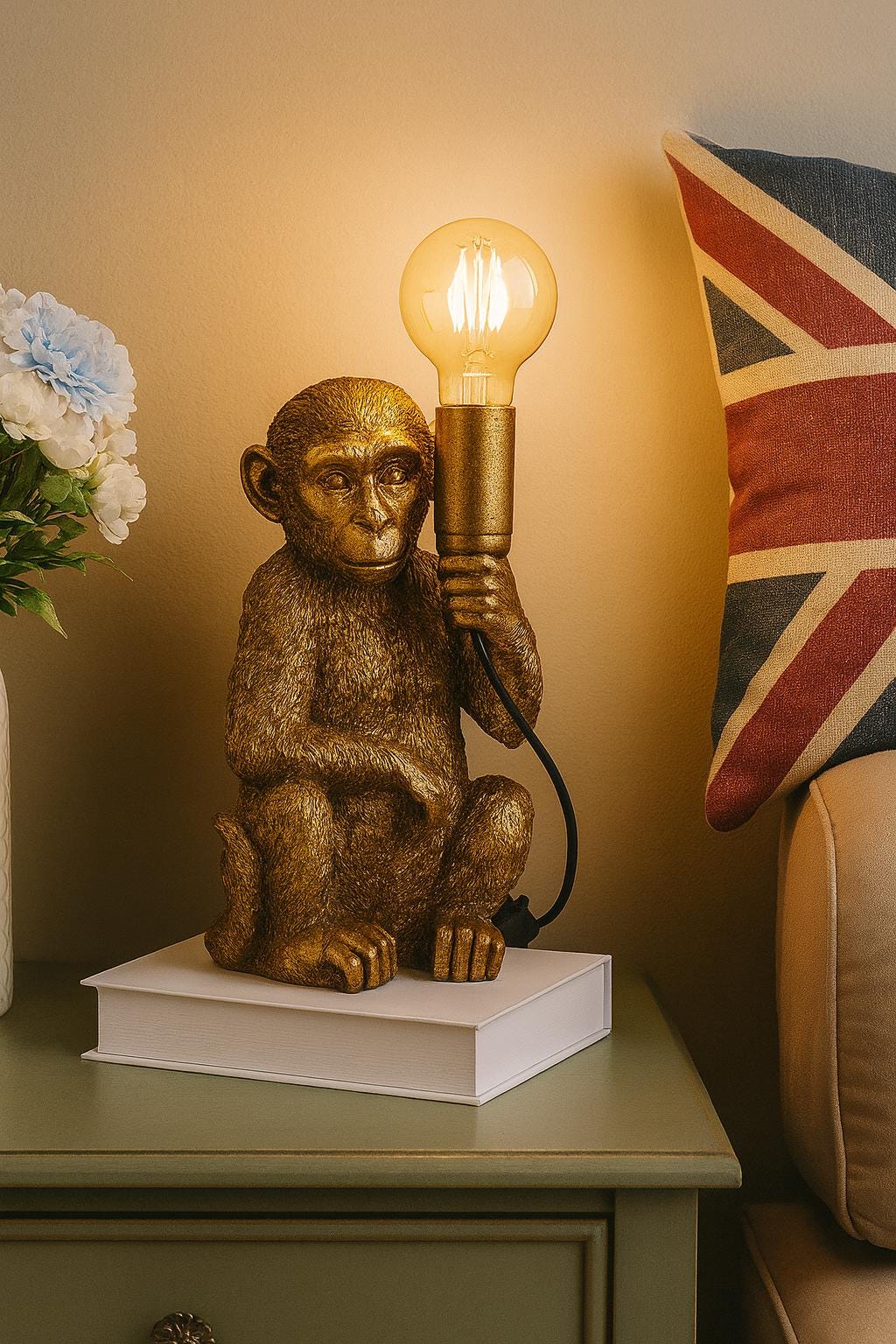 BRUBAKER Tisch- Oder Nachttischlampe Kleines Äffchen - Affe Tischleuchte Mit Keramikfuß Und Stoffschirm - 52 Cm Höhe, Gold Schwarz