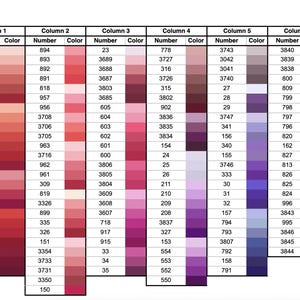 May include: Color chart with six columns of color swatches, each labeled with a number and color. The chart displays a range of hues, from reds and pinks to purples and blues, with corresponding numerical codes.
