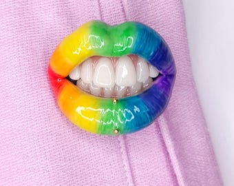 LGBTQ Rainbow Lips Brooch – Handmade Polymer Clay Brooch, Keychain, Car Charm, Badge Reel, Pendant