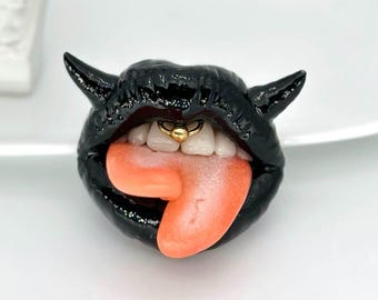 Black Lips Devil Horns & Split Tongue Smiley Piercing Polymer Clay Alternative Jewelry