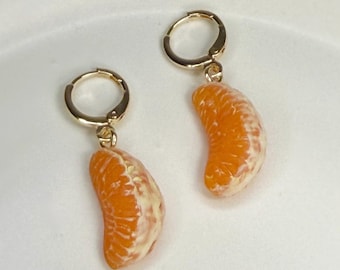 Kolczyki z gliny polimerowej w kształcie segmentów mandarynki, zabawna biżuteria owocowa, haczyki dźwigniowe