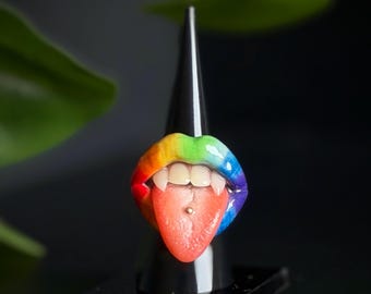 LGBTQ Weird Rainbow Lips Adjustable Ring by ClayColada