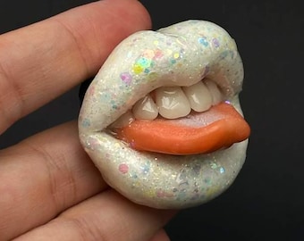 White Opal Glossy Lips Brooch, Polymer Clay Bag Charms, Pendant, Keychain, Badge Reel