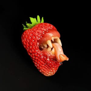 May include: A red strawberry with a green leafy top featuring a wide open mouth with sharp white teeth and a protruding pink tongue. The fruit has a textured surface with small seeds and a glossy finish, set against a solid black background.