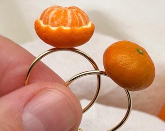 Pozłacane pierścionki do łączenia w stosy – regulowany zestaw pierścionków w kształcie mandarynki, całe i obrane owoce, masywna ręcznie robiona biżuteria