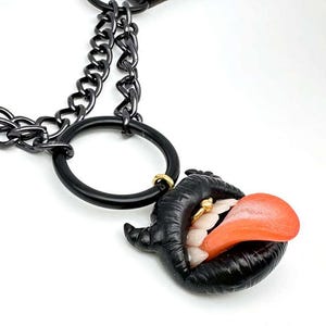 May include: Black leather choker necklace with a black chain and a large black mouth pendant. The pendant has white teeth, a red tongue, and a gold-colored piercing. The necklace has a black metal ring and a black leather strap.