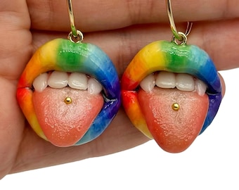 LGBTQ Weird Rainbow Lips with Pierced Tongue dangle drop earrings by ClayColada
