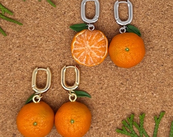 Ręcznie robione kolczyki w kształcie mandarynek | Kolczyki z owocami z gliny polimerowej | Złote lub srebrne kolczyki typu „huggie hoops”