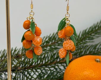 Kolczyki w kształcie maleńkiego mandaryńskiego żyrandola, ręcznie robione kolczyki z owocami z gliny polimerowej