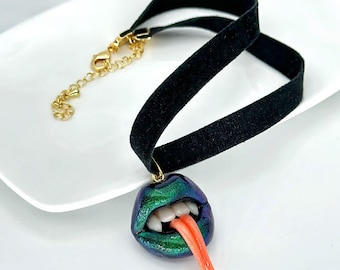 Black Choker with Snake Lips Pendant, Gothic Necklace, Witchy Jewelry by ClayColada