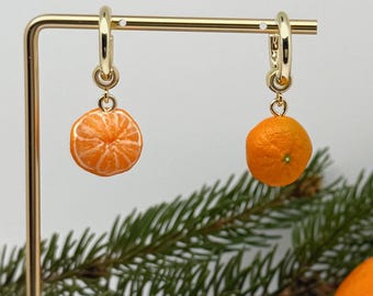 Elegant Mandarin Hoop Earrings – Handmade Polymer Clay Fruit Jewelry