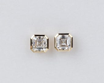 1.5 Carat Asscher Cut Lab Grown Diamond Stud Earrings, 14k Yellow Gold