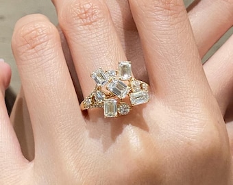 Lab Grown Diamond Engagement Ring: Mixed Shape Emerald & Round Cut, 14k Yellow Gold