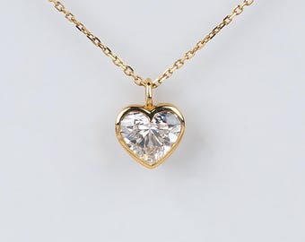 1.5 Carat Heart Lab Grown Diamond Pendant Necklace, 14k Yellow Gold Bezel Set Heart Necklace, Heart Cut Solitaire Pendant, IGI Certified