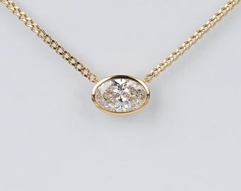 2 Carat East West Oval Lab Grown Diamond Solitaire Pendant, 18K Yellow Gold Bezel Set Oval Pendant, IGI Certified