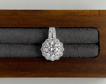 1 Carat Round Lab Grown Diamond Halo Pendant, Flower Cluster Diamond Necklace, 18K White Gold Pave Bail Fine Jewelry