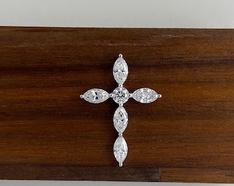 1 Carat 14k Solid Gold Marquise & Round Lab Grown Diamond Cross Pendant, Unique Diamond Cross Necklace, Religious Jewelry Gift
