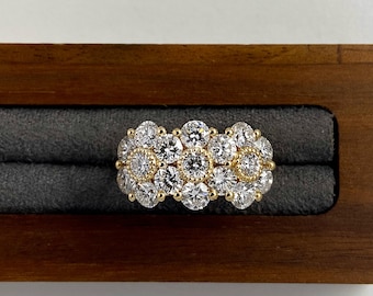 2.5 Carat Floral Lab Grown Diamond Cluster Ring, Vintage Flower Engagement Ring, Round Diamond Three Flower Ring, 14K Gold Statement Ring