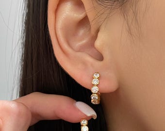 Bezel Set Lab Grown Diamond Hoop Earrings, 14K Gold Diamond Hoops, Bubble Eternity Hoop Earrings, Fine Bridal Jewelry, Gift For Her