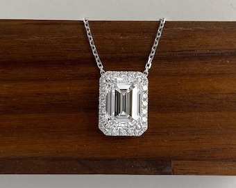 3 Carat E VS1 Emerald Cut Lab Grown Diamond Halo Necklace Pendant, 14k White Gold Art Deco Inspired Bridal Pendant Gift for Her