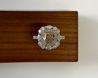 1.5 Carat Cushion Cut Yellow Lab Grown Diamond Ring, Canary Yellow Engagement Ring, Marquise Floral Halo Pave Band, Art Deco Fine Jewelry