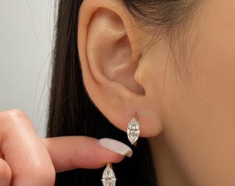 Marquise Cut Lab Grown Diamond Hoops Earrings, 14K Gold Marquise Hoop Earrings, Dainty Diamond Hoops, Bridal Jewelry, Gift For Her
