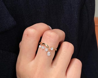 Lab Grown Diamond Dangle Ring, Wedding Statement Rings, Diamond Dangle Ring, Modern Bypass Diamond Ring, 14K Yellow Gold
