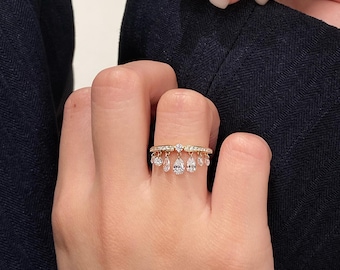 Dangling Diamond Ring, Statement Rings Kizzi Charm Ring, 14K Yellow Gold Lab Grown Diamond Diamond Drop Ring