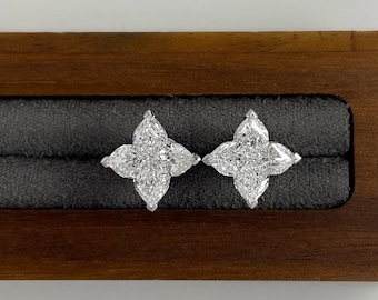 4 CTW Lab Grown Diamond Clover Stud Earrings, Diamond Cluster Earrings, 18K White Gold Flower Studs, Statement Bridal Jewelry