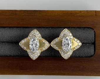 Marquise Cut Lab Grown Diamond Halo Stud Earrings, 14K Gold Brushed Gold Flower Studs, Vintage Starburst Earrings, Statement Bridal Jewelry