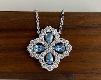 Lab Grown Diamond Necklace, Floral Cluster Pendant, Pear Cut Blue Diamond Necklace, 18K White Gold Diamond Jewelry, Bridal Gift for Her