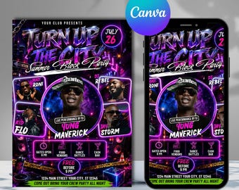May include: A digital event flyer for Turn Up The City Summer Block Party on July 26, featuring portraits of Yung Maverick, Mad Roni, DJ Rebel, and Jay Storm. The design includes neon purple and blue lighting, event details, and address text.