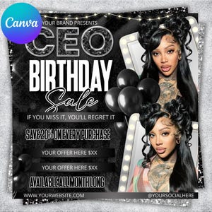 Könnte beinhalten: Schwarz-weiße Werbegrafik für einen CEO-Geburtstagsverkauf. Das Design zeigt den Text "CEO BIRTHDAY Sale" mit den Worten "Save 20% on every purchase" und dem Text "Available all month long". Die Grafik enthält Bilder einer Frau und schwarze Ballons.