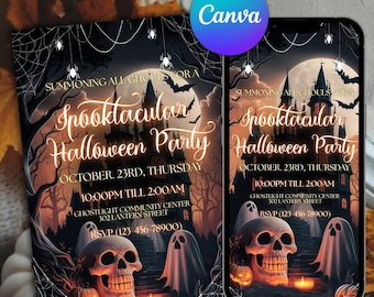 May include: A Halloween party invitation with a spooky design. The invitation features a haunted house, bats, and a skull. The text reads "Spooktacular Halloween Party" with the date, time, and location. A smartphone displays the same invitation.