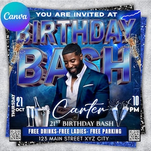 May include: A blue and silver birthday party invitation with the text "BIRTHDAY BASH" and "Carter". The invitation includes a photo of a man in a blue suit. Additional text includes "21st Birthday Bash" and event details.
